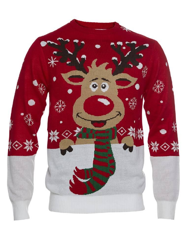 Rød/hvid Rudolf julesweater i 100% økologisk bomuld, str. XL | Plantorama